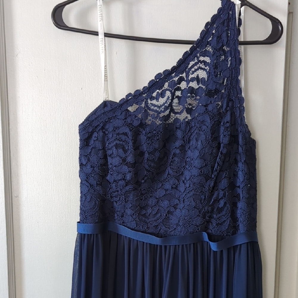 David's Bridal Navy One Shoulder Dress